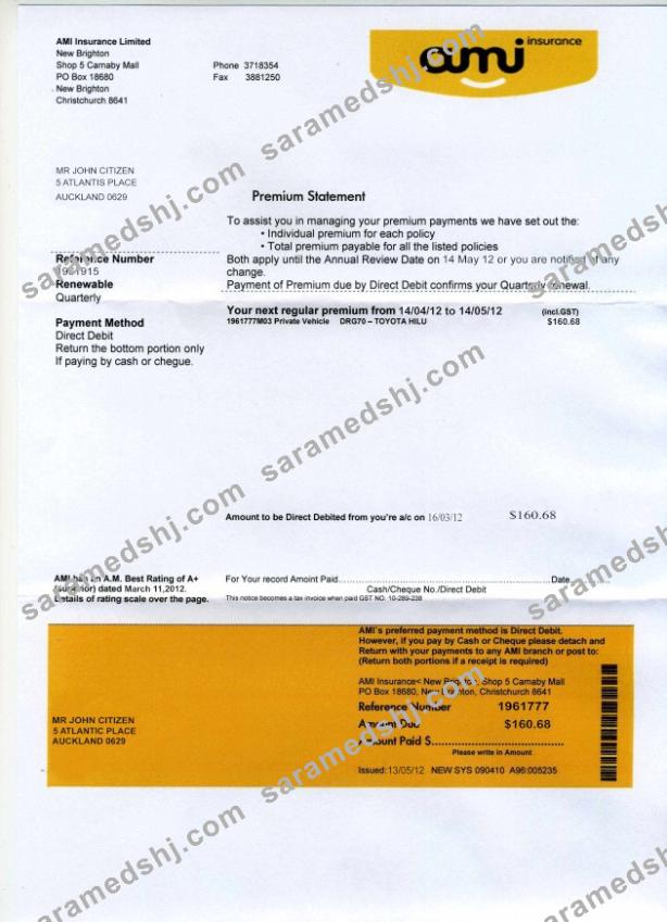 New Zealand AMI proof of address bank statement template